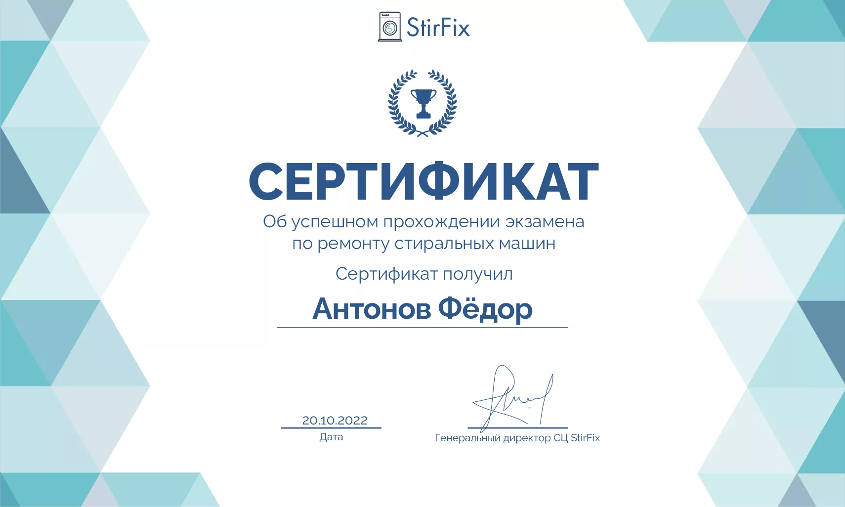 Антонов Фёдор сертификат мастера по ремонту стиральных машин
