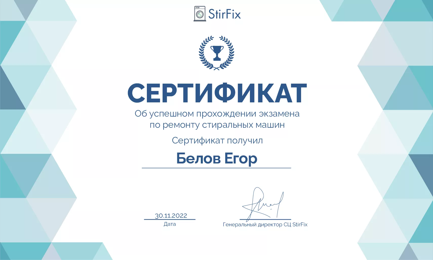Белов Егор сертификат мастера по ремонту стиральных машин