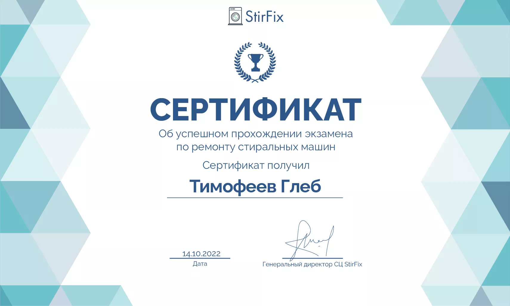 Тимофеев Глеб сертификат мастера по ремонту стиральных машин